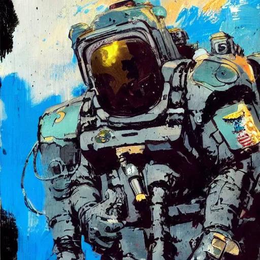 Image similar to Manatee Space Marine by Ashley Wood, Yoji Shinkawa, Jamie Hewlett, 60's French movie poster, French Impressionism, vivid colors, palette knife and brush strokes, Dutch tilt