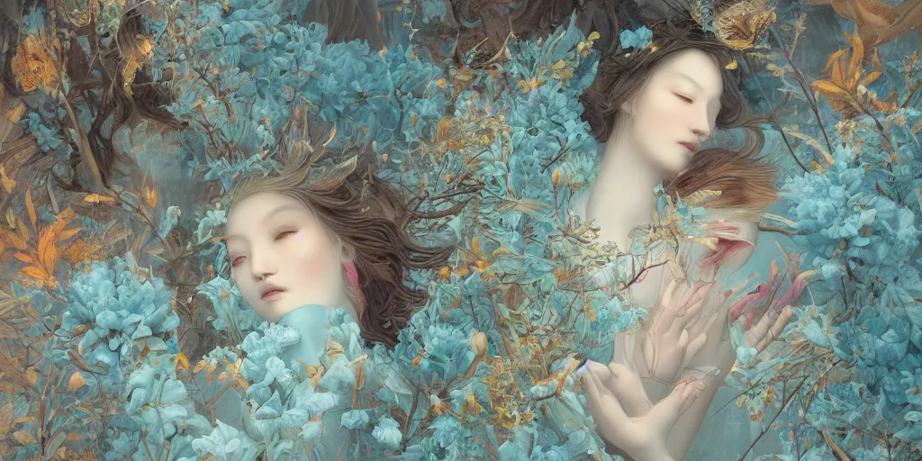 Image similar to breathtaking detailed concept art painting blend of two goddess of light blue flowers by hsiao - ron cheng with anxious piercing eyes, vintage illustration pattern with bizarre compositions blend of autumn leaves and fruits and birds by beto val and john james audubon, exquisite detail, extremely moody lighting, 8 k