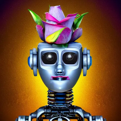 Image similar to a portrait of expressive robot, small, young, cute, large expressive eyes, biped, holding a rose, highly detailed, digital photo, hdri, by christopher bretz and john carpenter, vivid colors, high contrast, 8 k resolution, intricate, photorealistic, smooth, psychedelic color scheme, concept art, award winning, cg society contest winner