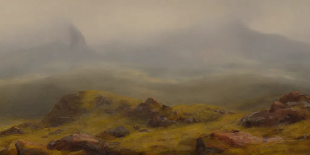 Image similar to painting of rocky highlands covered in mist with a ruined castle in the far distance, overcast sky, muted colors