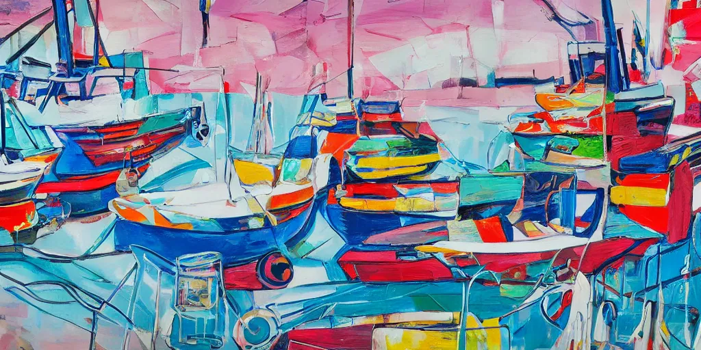 Image similar to abstract maximalist painting, interesting relationship within the composition, gestural lines, maximalism, boats at harbor, white sketchbook style, paint on canvas, power washed texture, masterpiece,