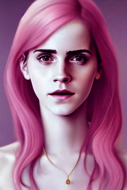 Prompt: Portrait of a beautiful pale skin Nordic female Emma Watson with long pink hair, elegant, photorealistic, highly detailed, artstation, smooth, sharp focus, gold ornaments, neon lighting, sci-fi, art by Klimt.