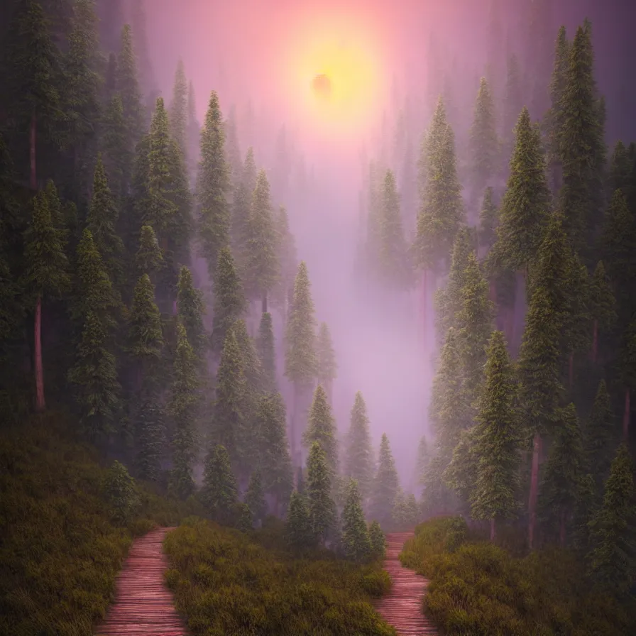 Prompt: abstract hyperrealist artwork of a single path leading down the horizon through giant pine forests down a rocky mountain coast towards a majestic sunset. atmospheric foggy landscape, soft tones, psychedelic, ultra realistic, concept art, modern art, photorealistic, octane render.