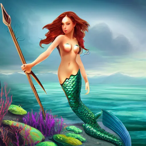 Image similar to beautiful mermaid guard holding a sharp trident, sea background with sea weeds and small sea creatures, fantasy game art