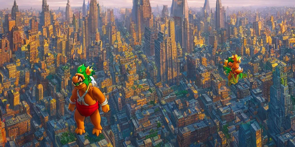 Prompt: bowser the koopa king towering over new york city, extremely detailed oil painting, unreal 5 render, rhads, Bruce Pennington, Studio Ghibli, tim hildebrandt, digital art, octane render, beautiful composition, trending on artstation, award-winning photograph, masterpiece