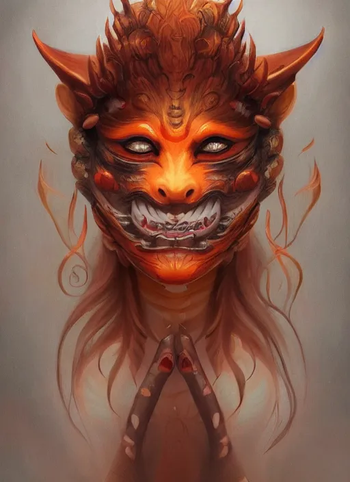 Image similar to a beautiful detailed oil on copper art illustration of a japanese oni kitsune mask devil woman, the mask is broken, centered, by charlie bowater, zeng fanzh, trending on artstation, dim dusk lighting, cinematic lighting, detailed lighting, volumetric lighting, realistic, f 8, 4 k hd wallpaper