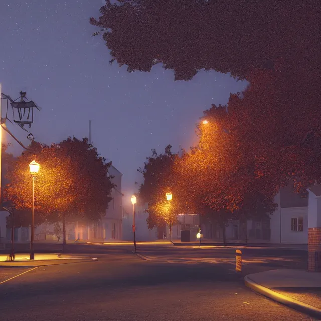 Image similar to night time photo of portsmouth new hampshire on halloween, tall maple trees along street, old street lamps, volumetric, realistic, cinematic lighting, ray tracing, unreal engine 5, octane render, hyper realistic, 8 k