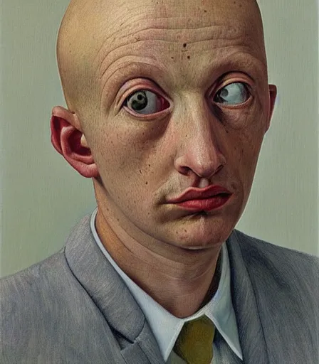 Prompt: a high quality, high detail, portrait of an attractive non - binary bald person by lucian freud