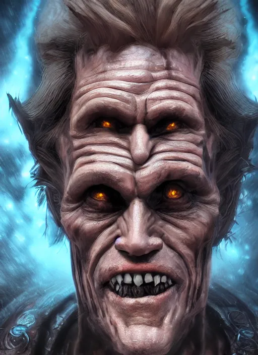 Image similar to A fantasy comic book style portrait painting of Willem Dafoe as a evil necromancer in creepy misty graveyard setting, unreal 5, DAZ, hyperrealistic, octane render, RPG portrait, dynamic lighting