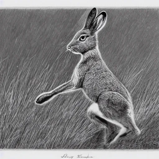 Image similar to bold etching of a jackrabbit running downward