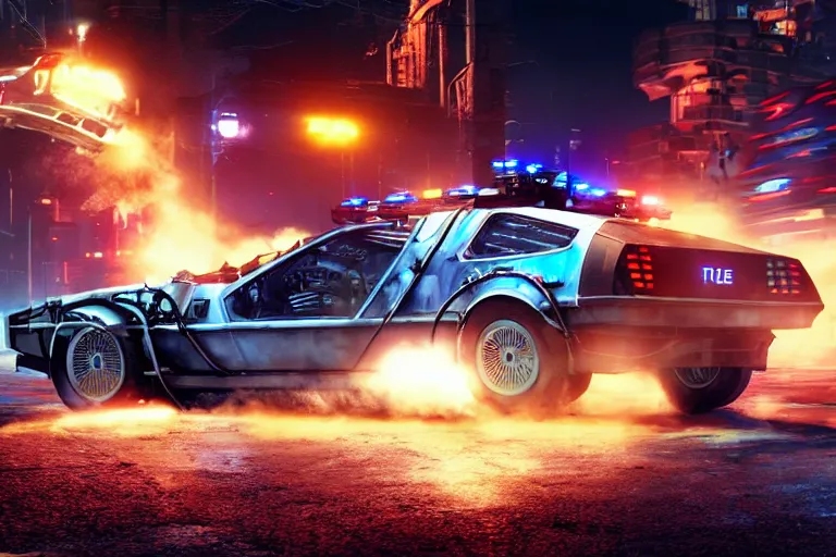 Prompt: photo of the back to the future battle combat machine gun delorean being chased by police on wet cyberpunk city streets at night, rocket league tank, mad max, action, speed, volumetric lighting, hdr, gta 5, syd mead, craig mullins, cinematic, fast and furious, octane, 8 k, iso 1 0 0, 1 2 mm