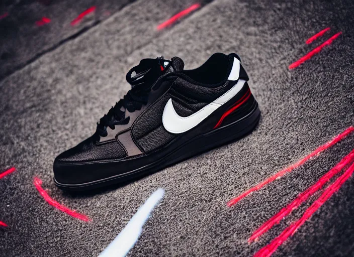 Image similar to product still of Darth Vader signature Nikes, metallic black with white stripes and a glowing red swoosh, 85mm f1.8