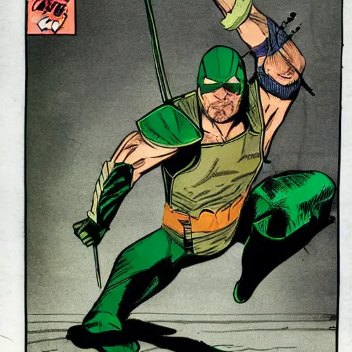 Image similar to The Green Arrow action pose, view from behind looking over shoulder, drawing an arrow from his quiver, comic book cover style