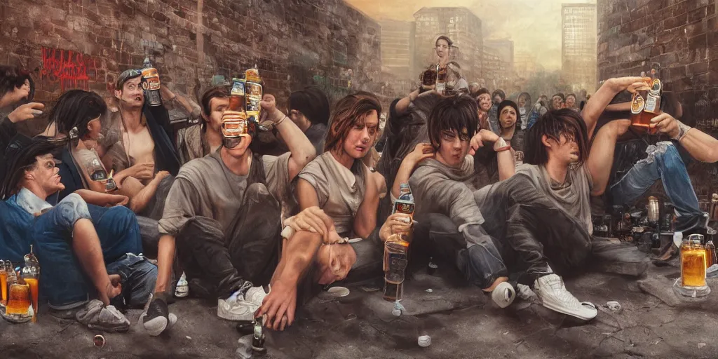 Prompt: beautiful oil matte portrait painting, 8 0 s punks sitting on the berlin wall drinking bottles of beer and listening to a boombox, wonderful masterpiece highly detailed, beautiful cinematic light deep focus, elegant, digital painting, smooth, sharp focus, golden ratio, dramatic illumination, ultra realistic, 8 k, art by jimmy law