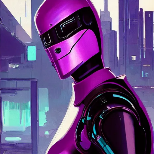 Prompt: self portrait of a robot raven with a beak. purple and black body armor, digital art, realistic, ultradetailed, concept art in the style of Cyberpunk 2077. art by Syd Mead and Moebius, trending on artstation, devianart, cgsociety