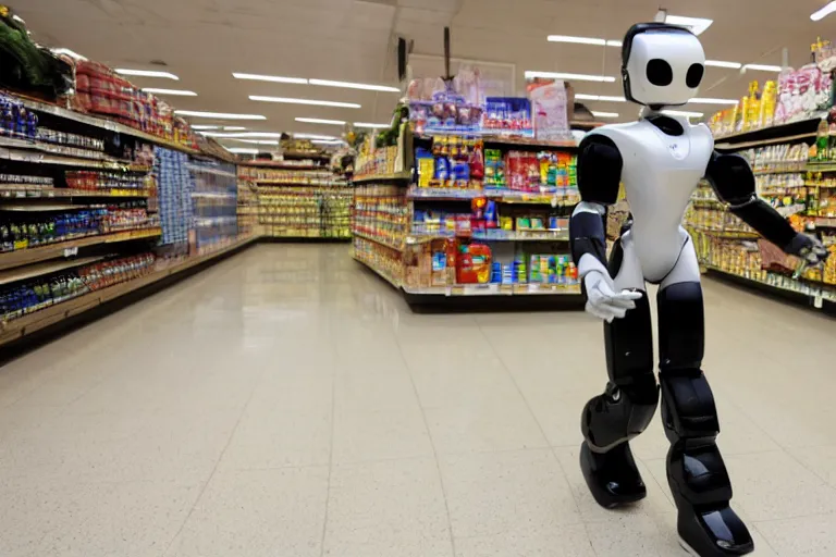 Image similar to photojournalism of sleek humanoid robot walking out of grocery store carrying paper grocery bags