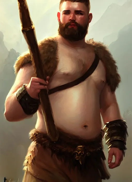 Image similar to a _ fantasy _ style _ portrait _ painting _ of chubby white barbarian male very short hair short stubble, brown hair, rpg dnd oil _ painting _ unreal _ 5 _ daz. _ rpg _ portrait _ extremely _ detailed _ artgerm _ greg _ rutkowski _ greg