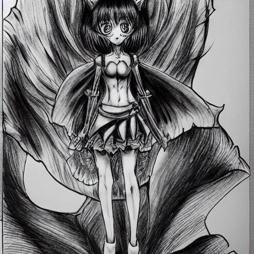 Image similar to a catgirl drawn in the style of Kentaro Miura, dark manga, fantasy, impressive linework,