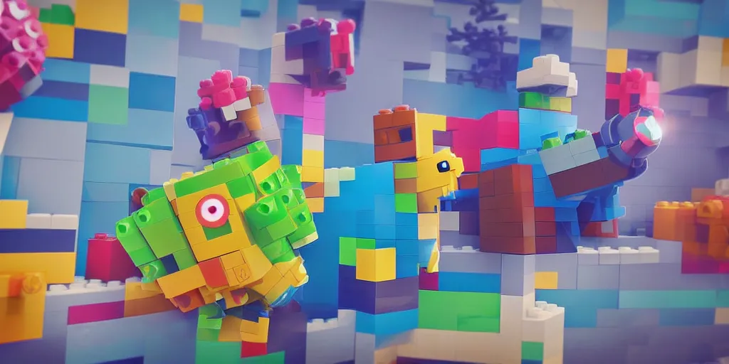 Image similar to tiny creature made of one brick, big round cute eyes, quadrupedal, cute looking, blocky shape, kawaii, sharp focus, character, game concept art, blocky, lego mixels, flat toon style like katamari damacy inspired, pokemon inspired, promotional poster art, high quality voxel render