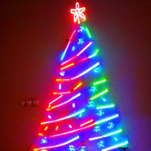 Image similar to a christmas tree made out of neon lights in a dark room