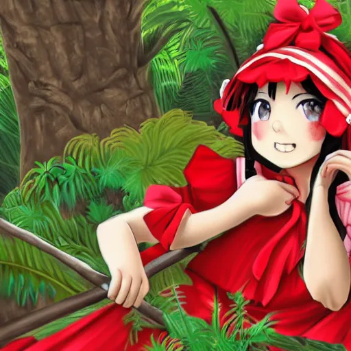 Image similar to a digital drawing of reimu in the jungle wearing bonnet