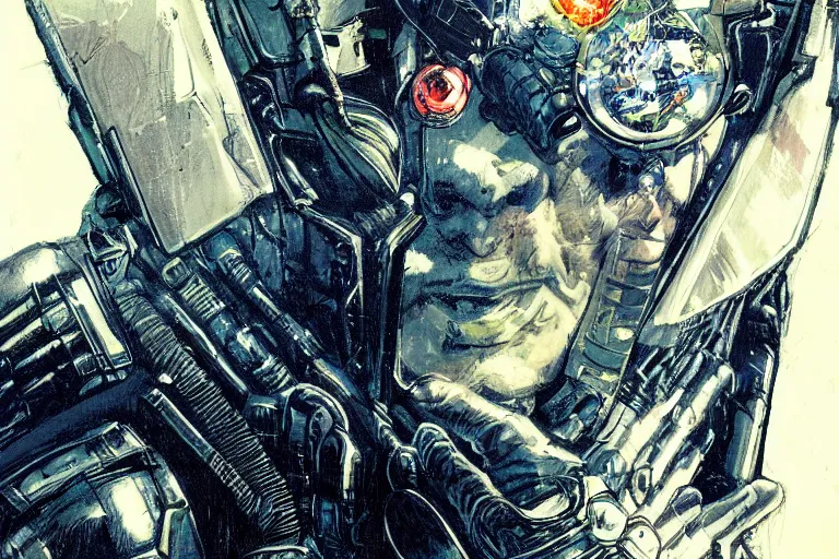 Prompt: closeup portrait stunning full - color art nouveau action shot of a bullet approaching a head, extremely detailed facial structure, dieselpunk armor, linework, by bill sienkiewicz, travis charest and michael golden, dark sci - fi, deep complexity, superhero character concept art, photorealism, stunning framing, dim volumetric lighting, hyperrealism, 8 k