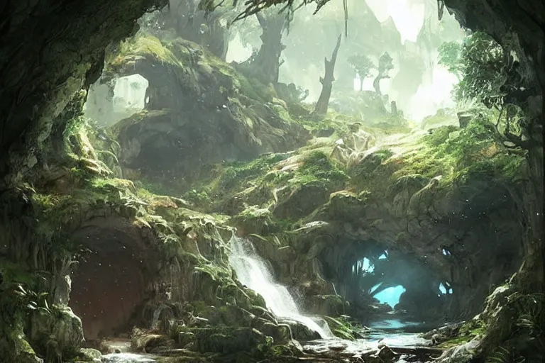Image similar to 1 2 3 4 cave entrance surrounded by trees with a small water stream coming out of it, fantasy, highly detailed, art by greg rutkowski
