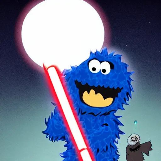 Image similar to angry cookie monster holding a lightsaber in his hand, epic anime style.