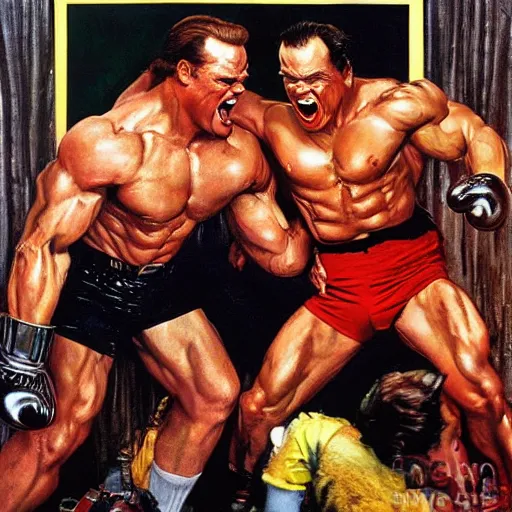 Image similar to Arnold Schzwarzenegger fights Jack Nicholson painted by norman rockwell and tom lovell and frank schoonover