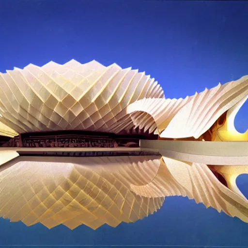 Image similar to futuristic lotus fractal temple with gold, red and white marble panels, in the desert, by buckminster fuller and syd mead, intricate contemporary architecture, photo journalism, photography, cinematic, national geographic photoshoot