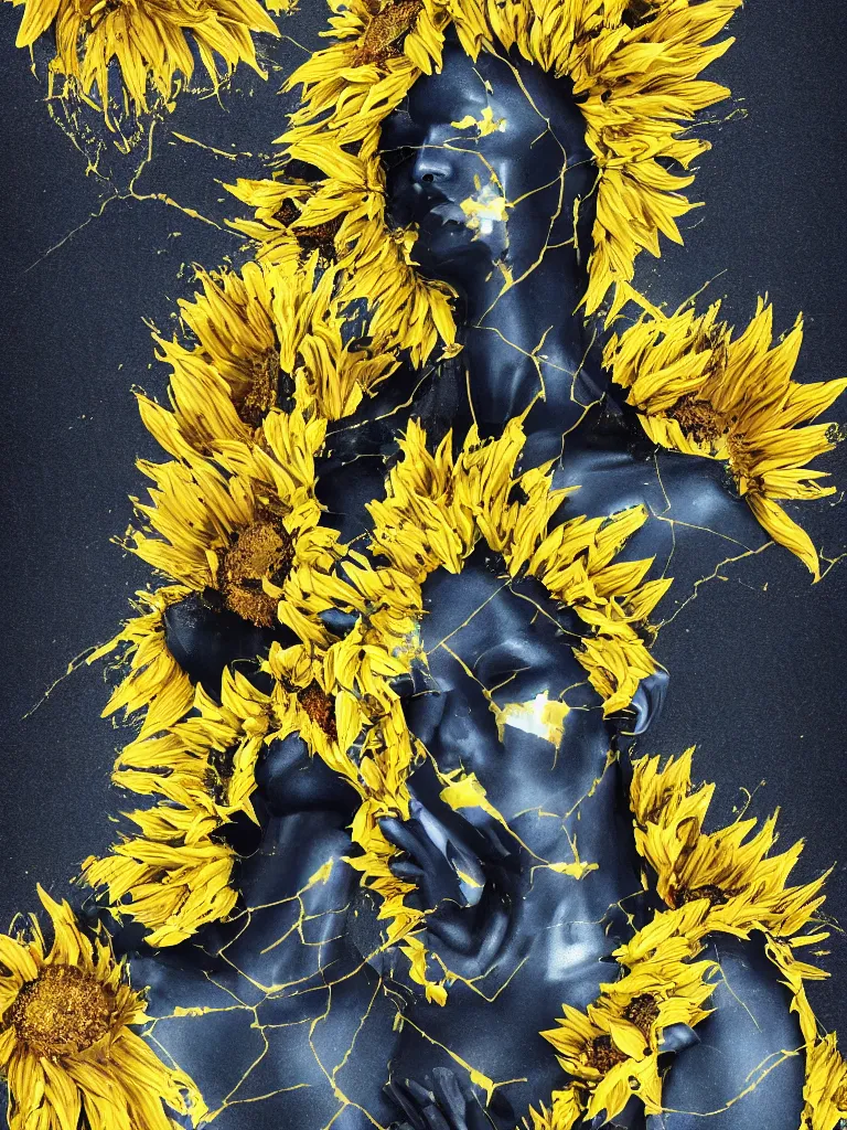 Prompt: symmetrical painting of a fractured dark obsidian greek statue of asian female beauty, yellow gemstones spikes, crystallic sunflowers, lightblue dripping acrylic paint and black tar, repaired with magenta kintsugi, rendered in octane trending on cgsociety. extremely detailed and intricate art, corruption, sleek