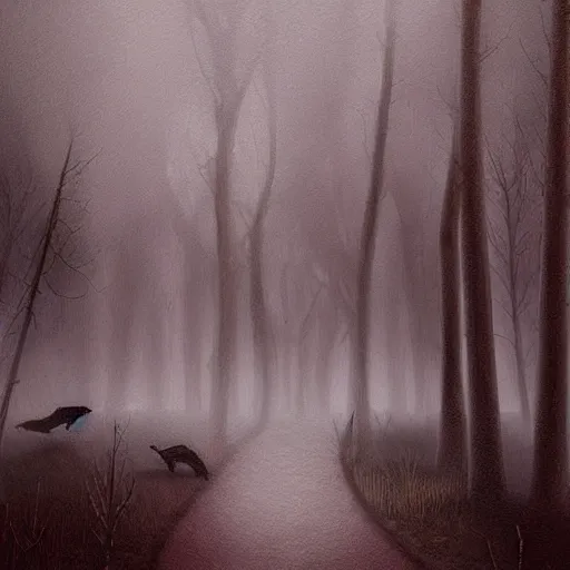 Prompt: 2 d art by yuri hill, ominous atmosphere, fog, witches, forest, night, devils, shadows