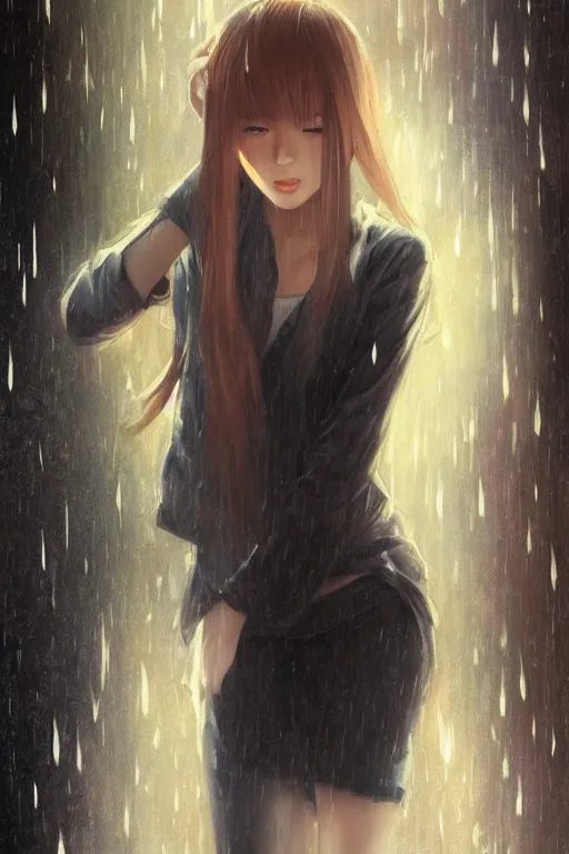 Image similar to a beautiful girl in the rain, full shot, fine - face, realistic shaded perfect body, fine details. night setting. very anime style. realistic shaded lighting poster by ilya kuvshinov katsuhiro, magali villeneuve, artgerm, jeremy lipkin and michael garmash, rob rey and kentaro miura style, trending on art station