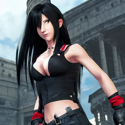 Image similar to Tifa Lockhart from Final Fantasy VII Remake (2020) laughing in Italy