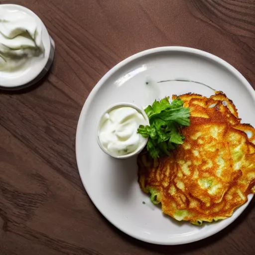Prompt: A professional photo of a plate with potato pancakes and sour cream in a very expensive restaurant