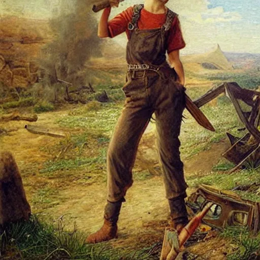 Prompt: a skinny elf with spiky blonde hair wearing dark brown overalls and holding dynamite standing next to a destroyed car, painting by Sophie Anderson