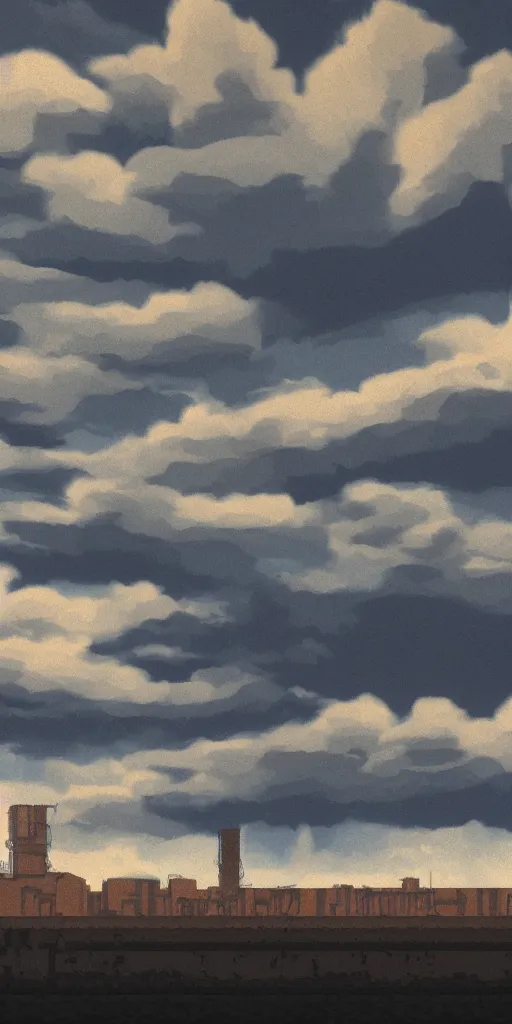 Prompt: 2D post-industrial landscape with distorted clouds, 8 bits graphics, flat, SNES game, crushed quality, low contrast, low light, color gradient, low saturation, heavy color compression filter,weird