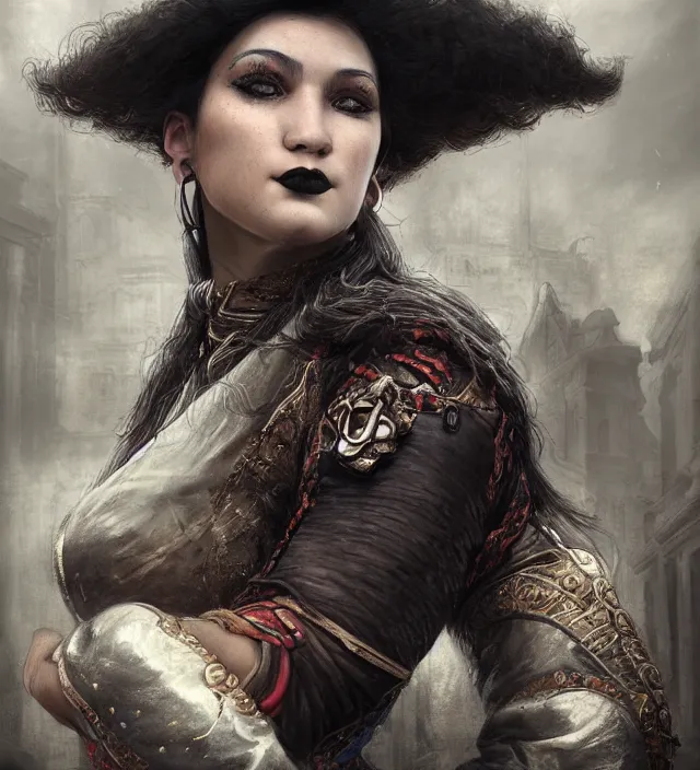 Prompt: photorealistic portrait of a female bull - fighter on a city street by tom bagshaw!!! digital art realistic detailed trending on artstation 3 d render medium shot high - key lighting, gothic fantasy style