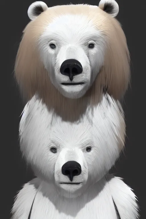 Image similar to complicated dynamic composition,realistic style at CGSociety by WLOP,ilya kuvshinov,krenz cushart ,Greg Rutkowski, trending on artstation. Zbrush sculpt colored, Octane render in Maya and Houdini VFX,realistic close-up face of cute young blonde girl, wearing a polar bear costume, deep eyes, Amazing textured brush strokes, studio lighting.