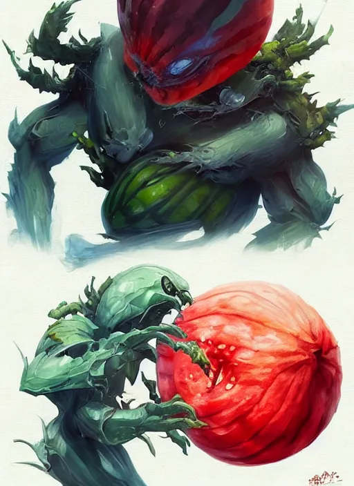 Image similar to semi reallistic gouache gesture painting, by yoshitaka amano, by ruan jia, by Conrad roset, by dofus online artists, detailed anime 3d render alien watermelon monster, watermelon alien terrible monster, antrophomorfic watermelon, portrait, cgsociety, artstation, rococo mechanical, Digital reality, sf5 ink style, dieselpunk atmosphere, gesture drawn