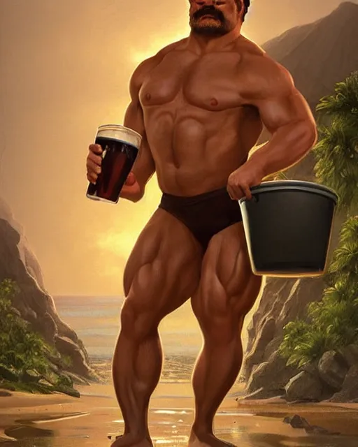 Image similar to gigachad ron swanson bodybuilder holding a keg of beer in final fight beach by ilya kuvshinov, ernest khalimov body by krista sudmalis, fantasy character portrait, ultra realistic, concept art, intricate details, elegent, digital painting, smooth, sharp focus, illustration, art by artgerm and greg rutkowski and alphonse mucha, artstation