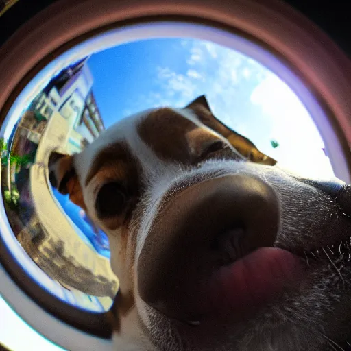 Image similar to Selfie of a dog, first-person view, fisheye lens!!!!!!, photorealistic imagery, trending on artstation, 4k, 8k