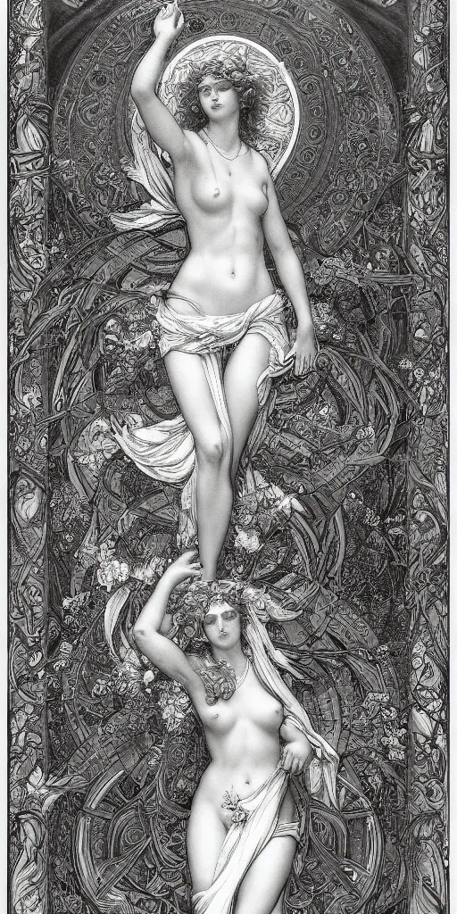 Image similar to aphrodite in paradiso. sacred geometry. clouds. sun rays. bliss. enlightenment. ascension . Gustave Doré. dappled light. cinematic lighting. in the art style of Mucha