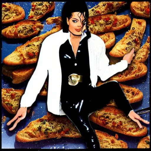 Prompt: Michael Jackson swimming in garlic bread