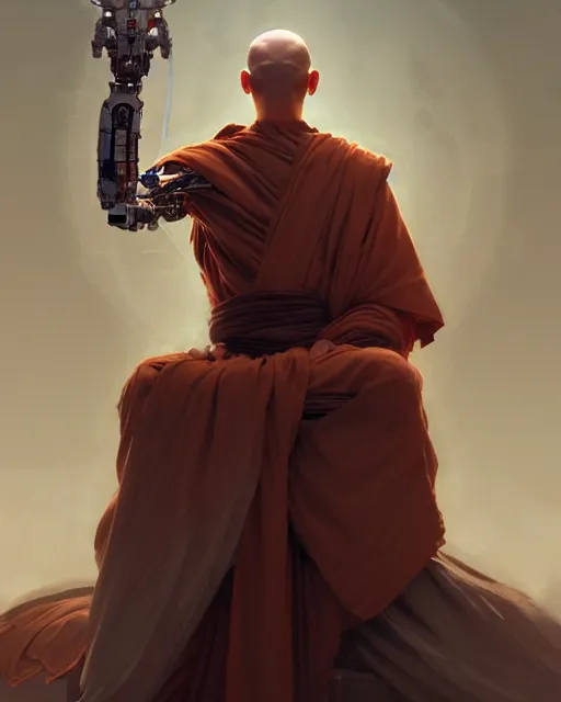 Image similar to a cyborg warrior monk meditating, wearing a flowing cloak, cyborg hardware, 3 d render, octane, zbrush, painting, artstation, concept art, smooth, sharp focus, illustration, art by artgerm and greg rutkowski and alphonse mucha