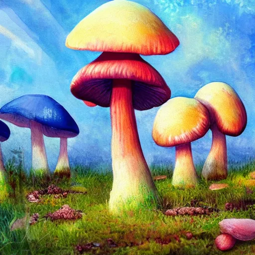 Image similar to a landscape painting with colorful growing mushroom underground, fairy-mushroom ot toabstool different forms and bodies, national geographic photos, trending on artstation