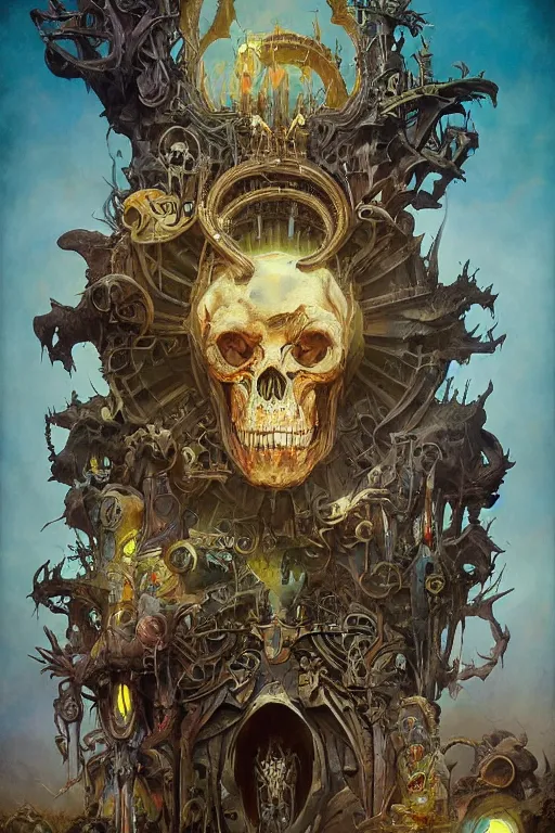 Prompt: evil gigantic biomechanical skull of death, fantasy painting, ultra realistic, wide angle, art nouveau, intricate details, rainbowshift, vivid colors, highly detailed by peter mohrbacher, maxfield parrish, aaron horkey, gaston bussiere, craig mullins