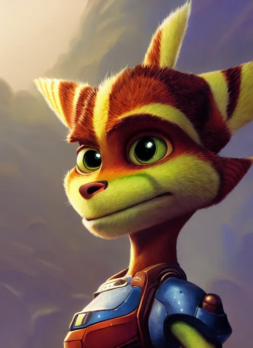 Image similar to Highly detailed portrait of Ratchet from ratchet and clank, Stephen Bliss, unreal engine, fantasy art by Greg Rutkowski, Loish, Rhads, ferdinand knab, Makoto Shinkai and Lois van baarle, ilya kuvshinov, rossdraws, Tom Bagshaw, alphonse mucha, global illumination, radiant light, detailed and intricate environment