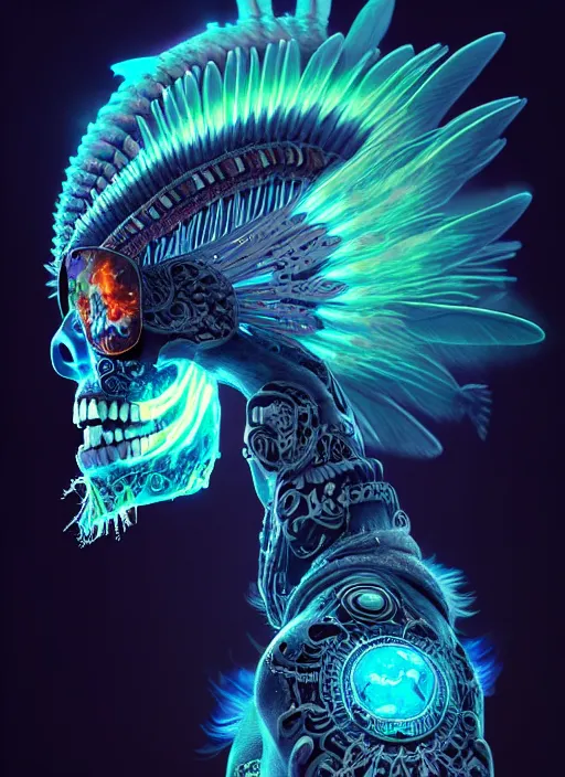 Image similar to 3 d shaman with tattoos profile portrait, sigma 5 0 0 mm f / 5. beautiful intricate highly detailed quetzalcoatl skull and feathers. bioluminescent, plasma, lava, ice, water, wind, creature, thunderstorm! artwork by tooth wu and wlop and beeple and greg rutkowski, 8 k trending on artstation,