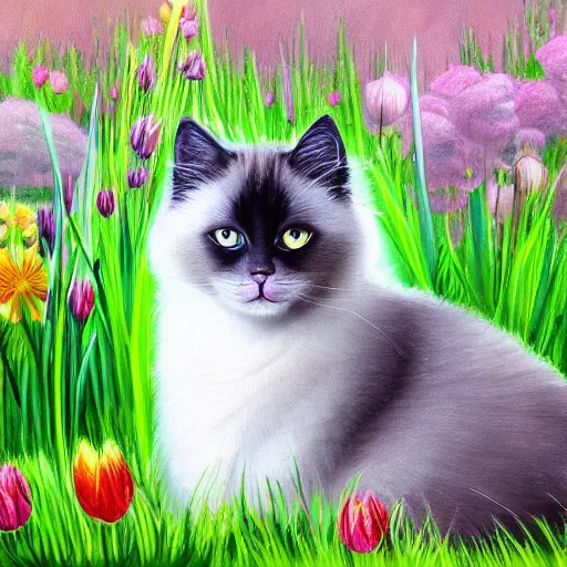 Prompt: cute fluffy siamese cat sitting in a meadow of spring flowers detailed painting 4k